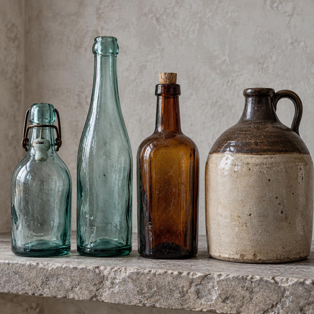 Illustrative American antique whisky and soda bottles alongside a stoneware jug