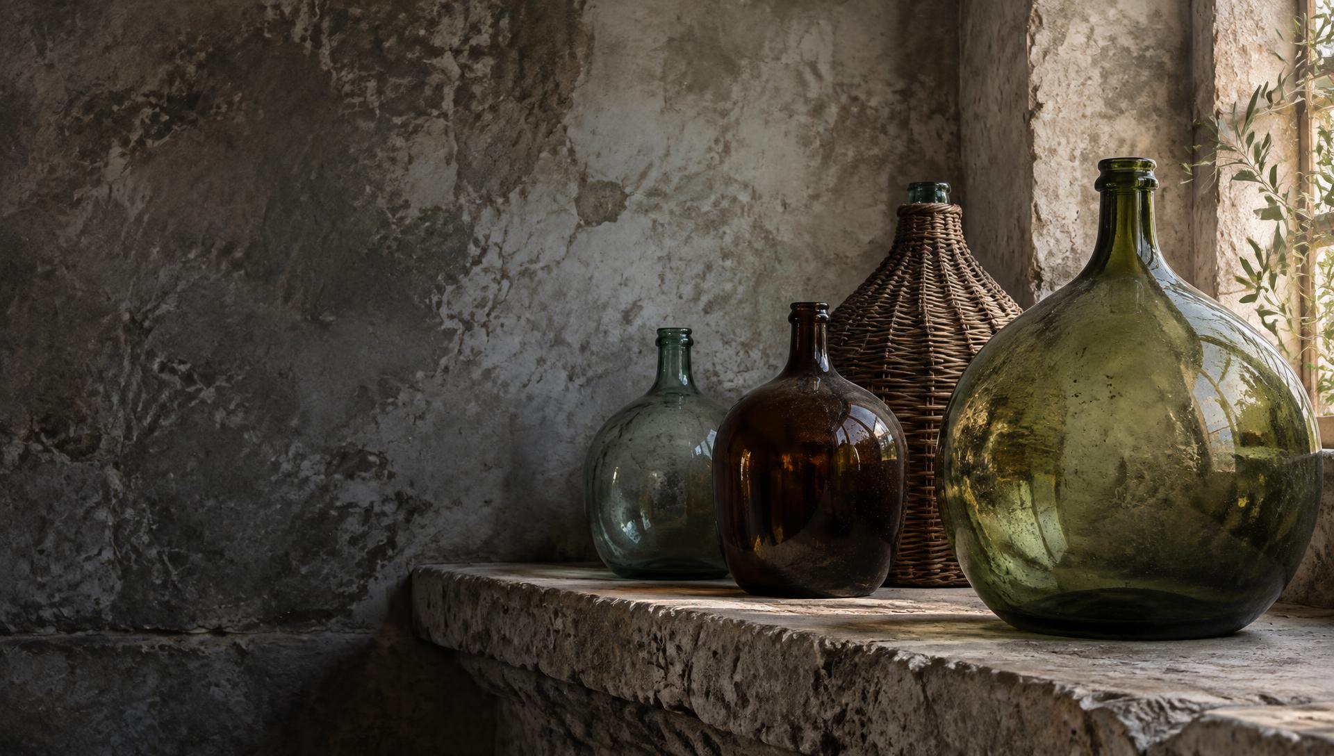 Antique European demijohns in olive green and amber glass on a stone shelf