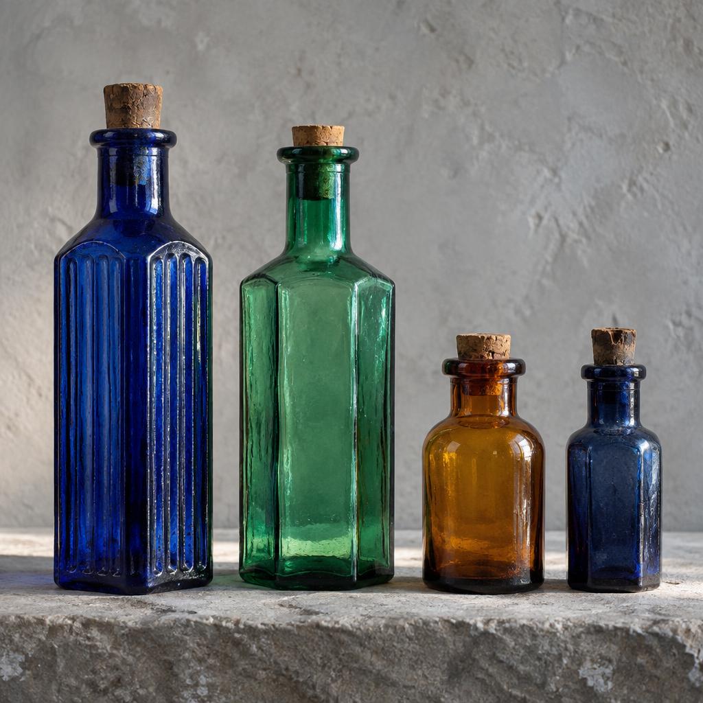 Illustrative cobalt blue, green and amber antique poison and medicine bottles